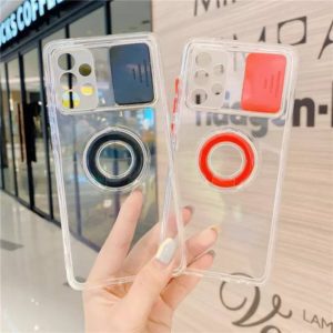 Samsung A32 4G, A03S - Protector transparente con soporte de anillo y ventana deslizante para lente de cámara, serie Diafano