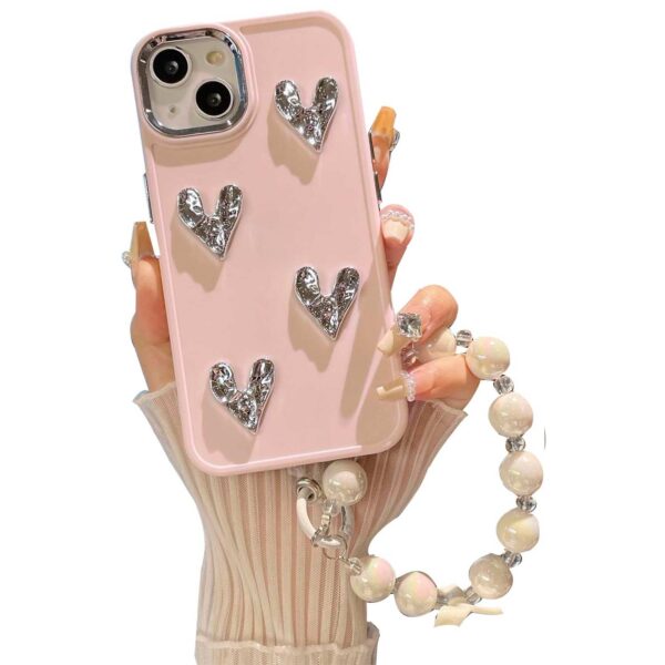 iPhone 14 - Protector con pulsera de perlas, diseño de corazones 3D brillantes, serie dulce latido