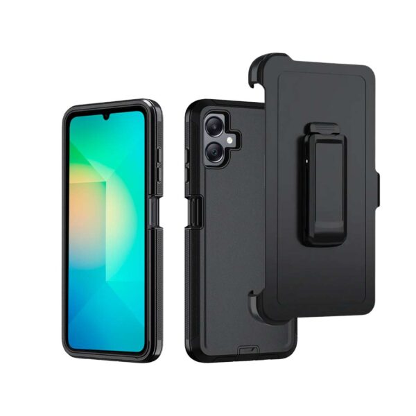 Samsung A06 - Protector defender negro de 3 capas con clip para cinturón