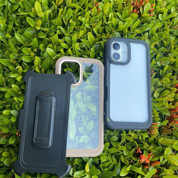 iPhone 16 - Protector transparente con clip de cinturón, resistencia de grado militar, serie poteado