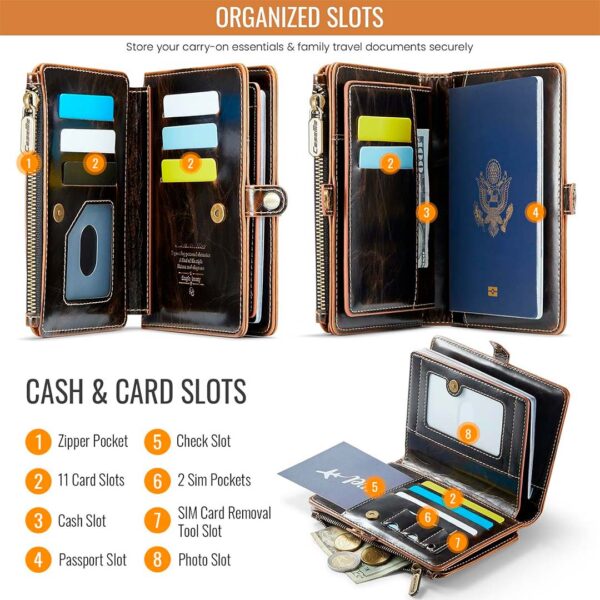 Caseme - Bolso tipo cartera para pasaporte y tarjetero, con 11 ranuras y correa de mano - Imagen 11