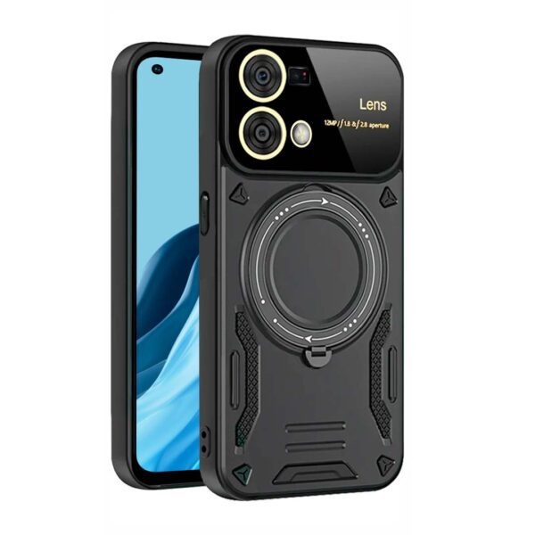 Oppo Reno 7 4G - Protector rígido de policarbonato con soporte circular y protección de cámaras, serie escapa color negro