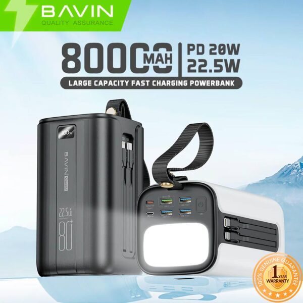 Bavin - Power Bank portátil con capacidad de 80,000 mAh, con Linterna Led, carga rápida de hasta 22.5W - Imagen 2