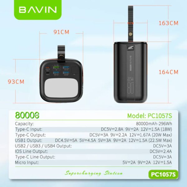 Bavin - Power Bank portátil con capacidad de 80,000 mAh, con Linterna Led, carga rápida de hasta 22.5W - Imagen 9
