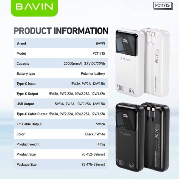Bavin - Power Bank portátil con capacidad de 20,000 mAh, con pantalla Digital Led, carga rápida de hasta 22.5W - Imagen 8