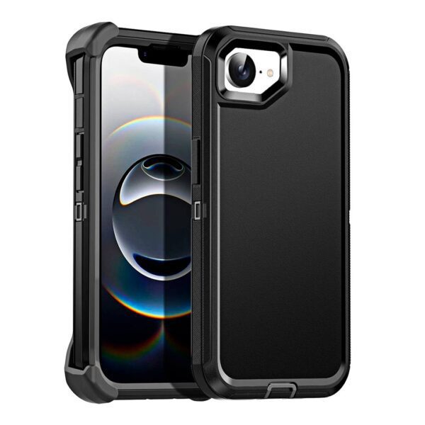 iPhone 16e - Protector defender negro de 3 capas con clip para cinturón
