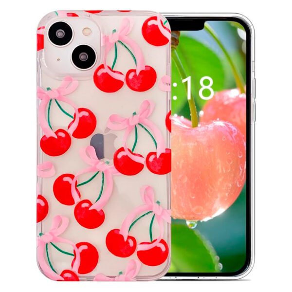 iPhone 14/13 - Protector transparente con diseño de cereza, serie coquet