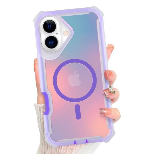 iPhone 16 - Protector con parte trasera iridiscente, protección de cristal y esquinas de alta resistencia para niñas y mujeres