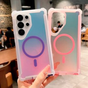 Samsung S23 Ultra - Protector con parte trasera iridiscente, protección de cristal y esquinas de alta resistencia para niñas y mujeres, serie pijudin