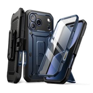 iPhone 17 Pro Max – Protector con soporte integrado y clip para cinturón, Serie UBPRO AZURE